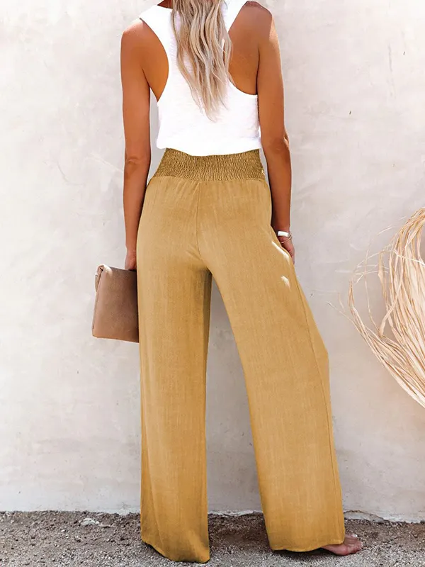 Loose Wide Leg Belted Buttoned Solid Color Casual Pants Bottoms Trousers main image 1