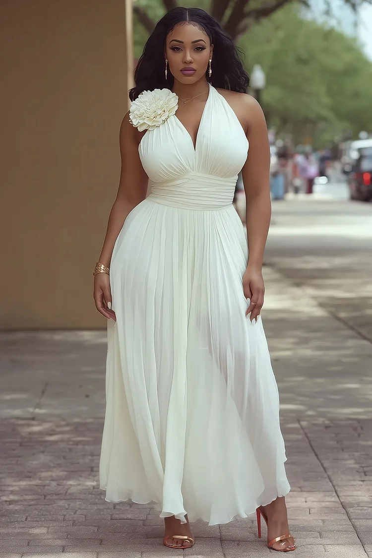Halter V Neck 3D Flower Decor Cinched Vacation Maxi Dresses-White [Pre Order]