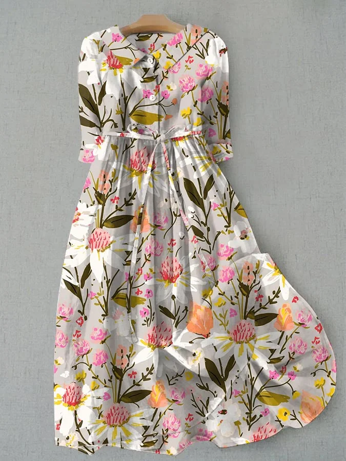 Casual Pastoral Floral Print Tie Loose Dress