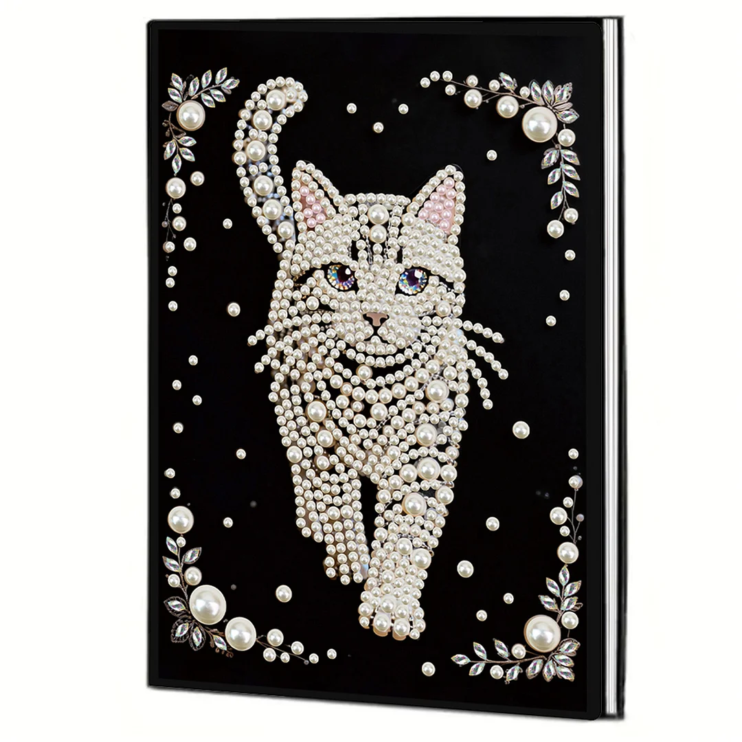 Cat Partial Pearl DIY 50 Pages A5 Diamond Painting Notebook Special Shaped Diamond Art Diary Book Kits Wireless Strip 5D Crystal Art Paintings Sketchbook for Art Drawing
