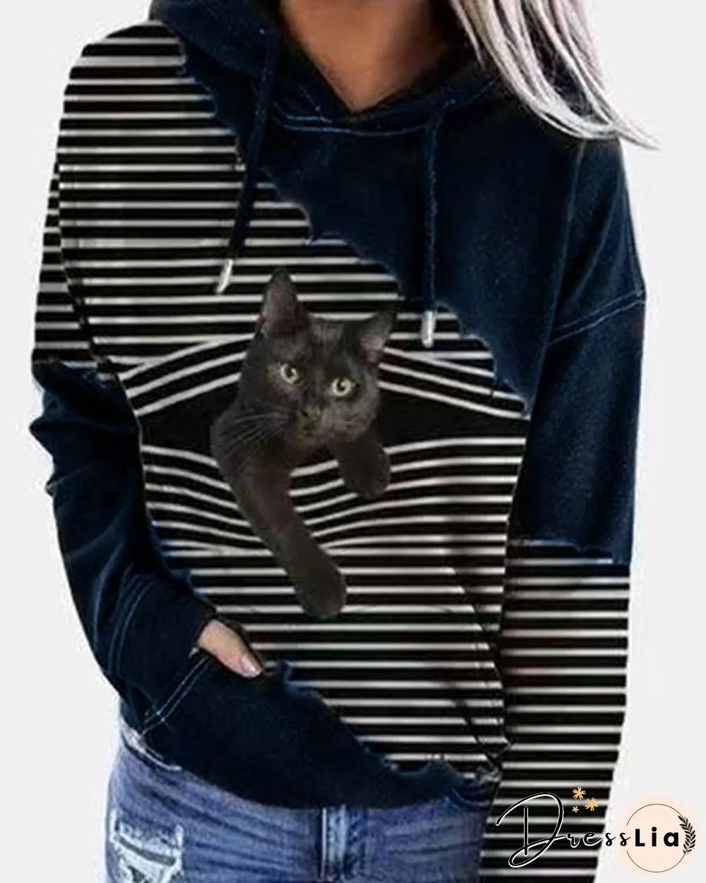 Women Fashion Cat Print Drawstring Hoodies