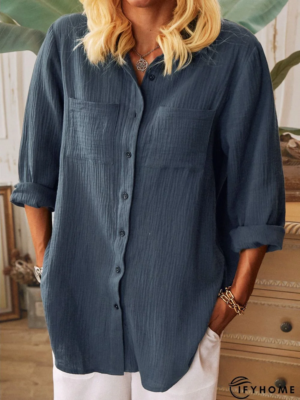 Navy Blue Long Sleeve Cotton Tunic Blouse | IFYHOME