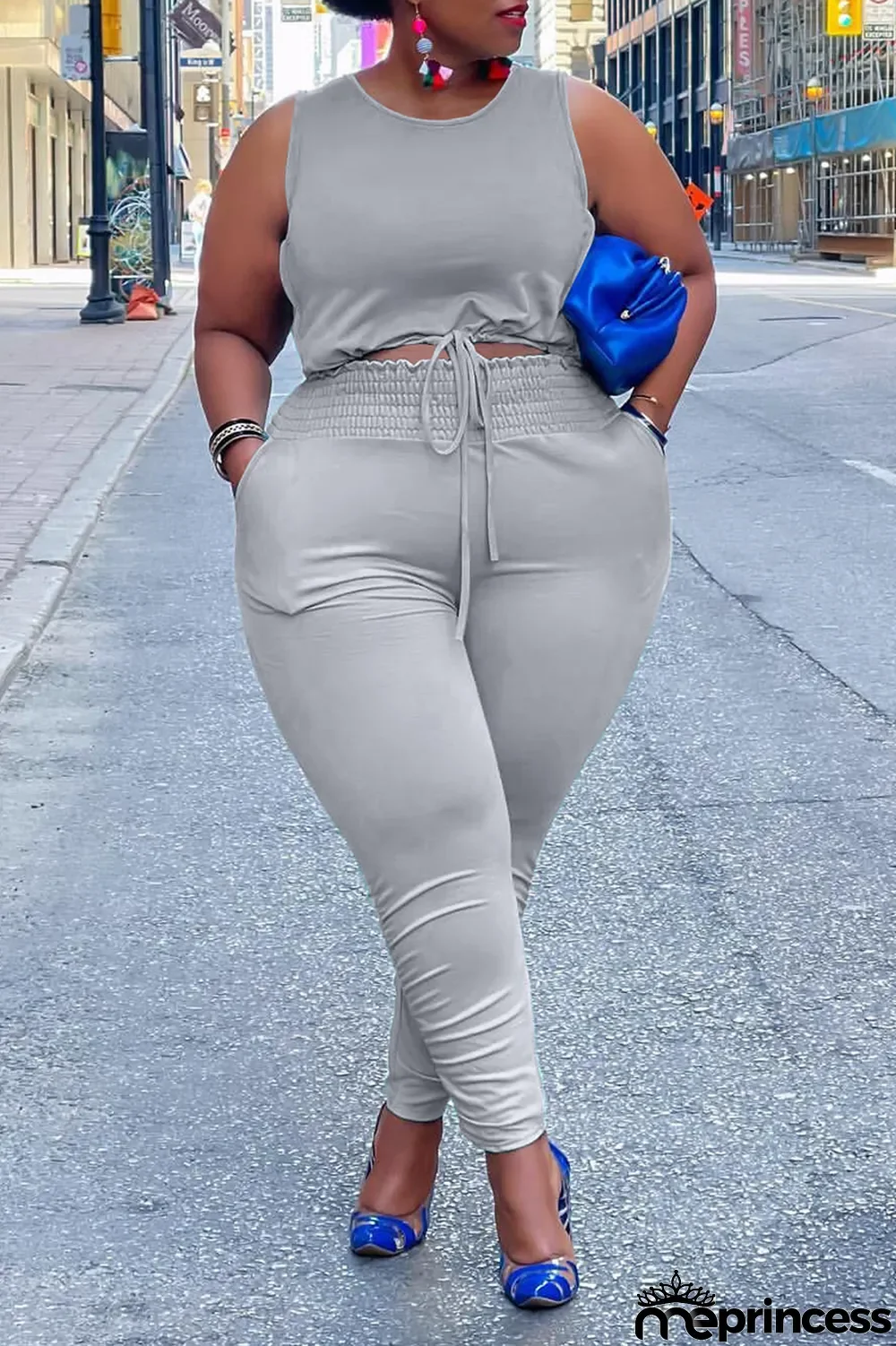 Sky Blue Casual Solid Split Joint O Neck Plus Size Two Pieces