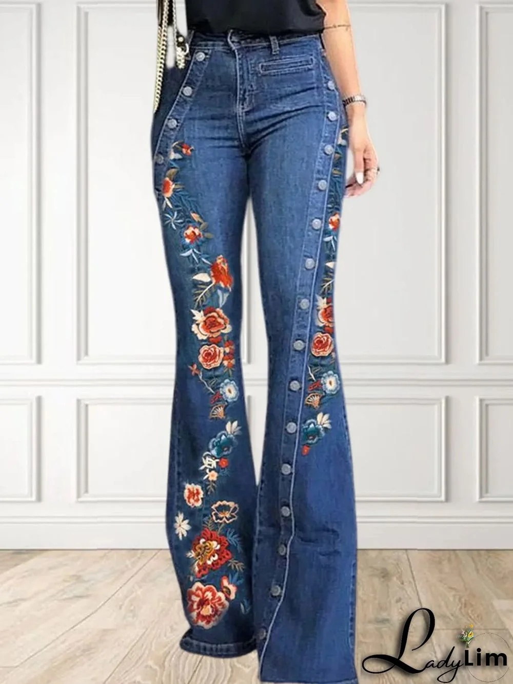 UR Fashion Denim Floral Embroidery Button Flare Leg Jeans