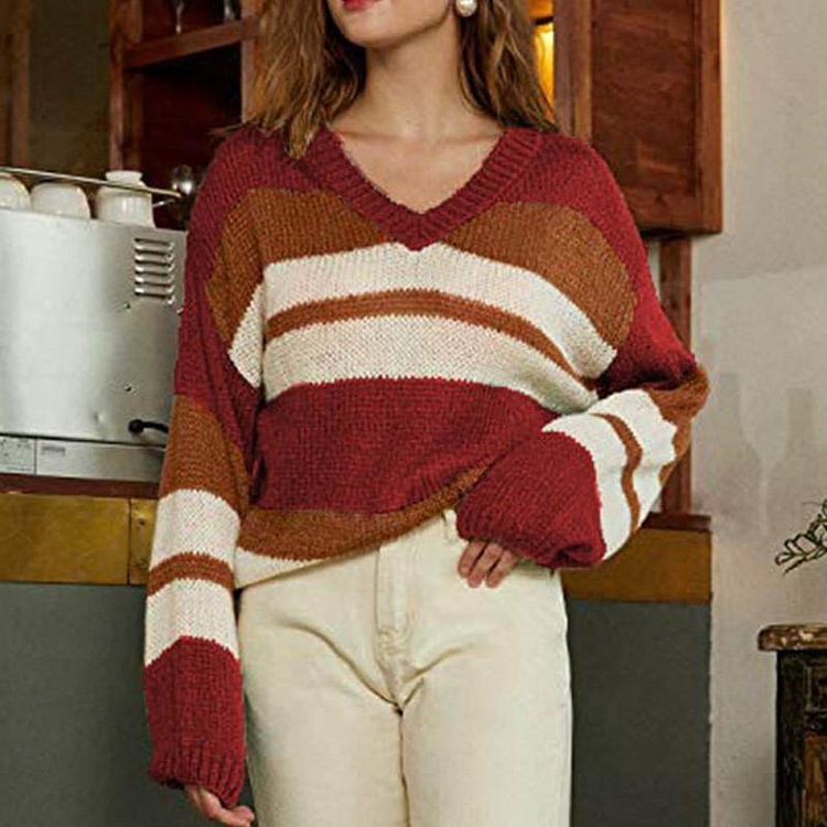 Mayoulove V neck color block loose sweater-Mayoulove