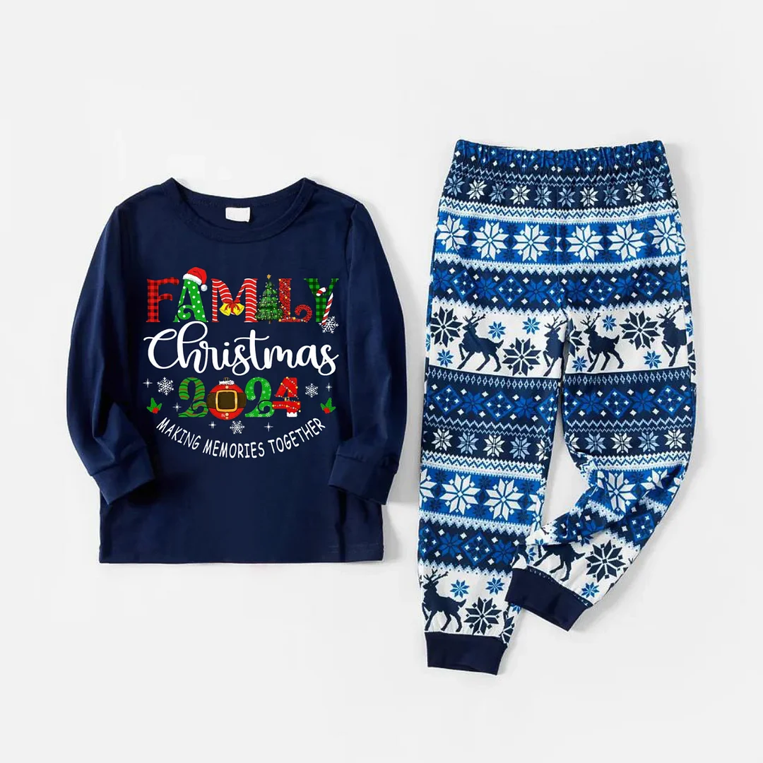 Family 2024 Christmas Pattern Print Blue Family Matching Pajamas