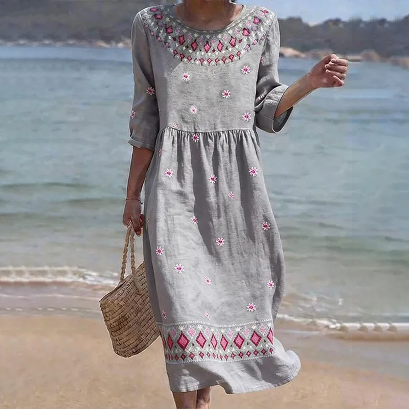 Women's Vintage Ethnic Floral Print Round Neck Linen Blend Casual Midi Dress wearshes