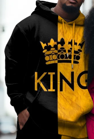 Couple Large Size Color Block Casual Couple Outfit KING QUEEN Hoodie Set