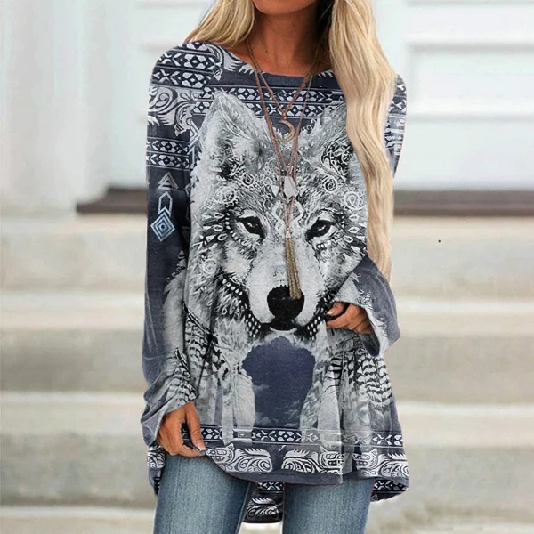 Western Wolf Print Casual Round Neck Tunic