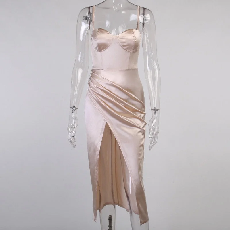 Julissa Mo High Split Ruched Satin Dress Women Summer Sleeveless Backless Party Dress Black Sexy Elegant Slim Female Vestidos