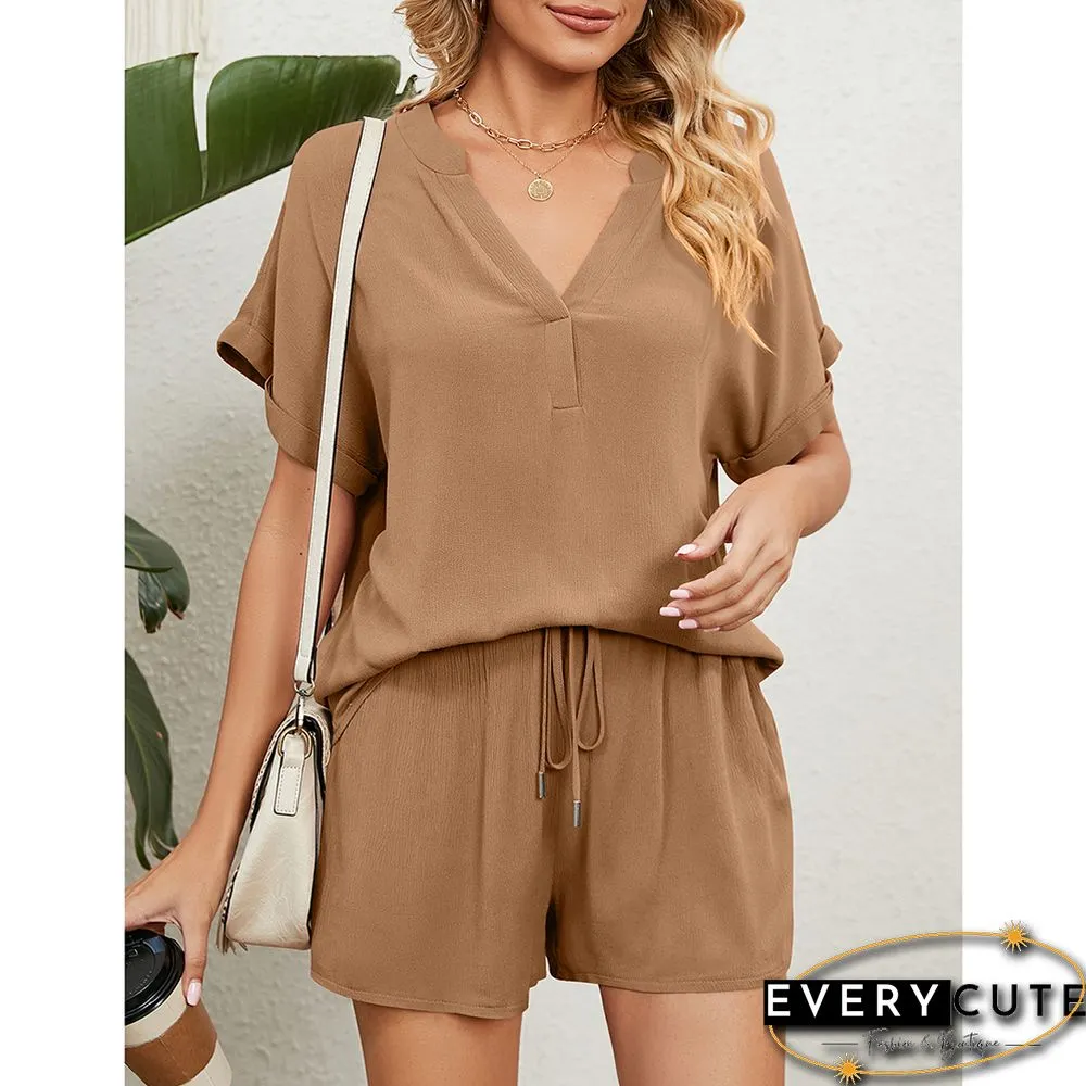 Khaki V Neck Top And Short Lounge Set