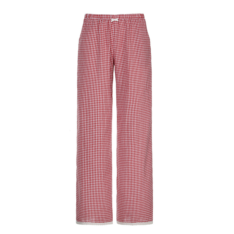Mature Women Casual Pants Contrast Color Red Plaid Trousers