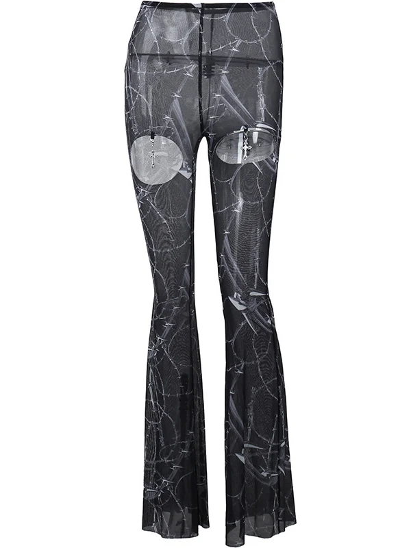 Gothic Dark Cutout Printed High-rise Bootcut Street Pants