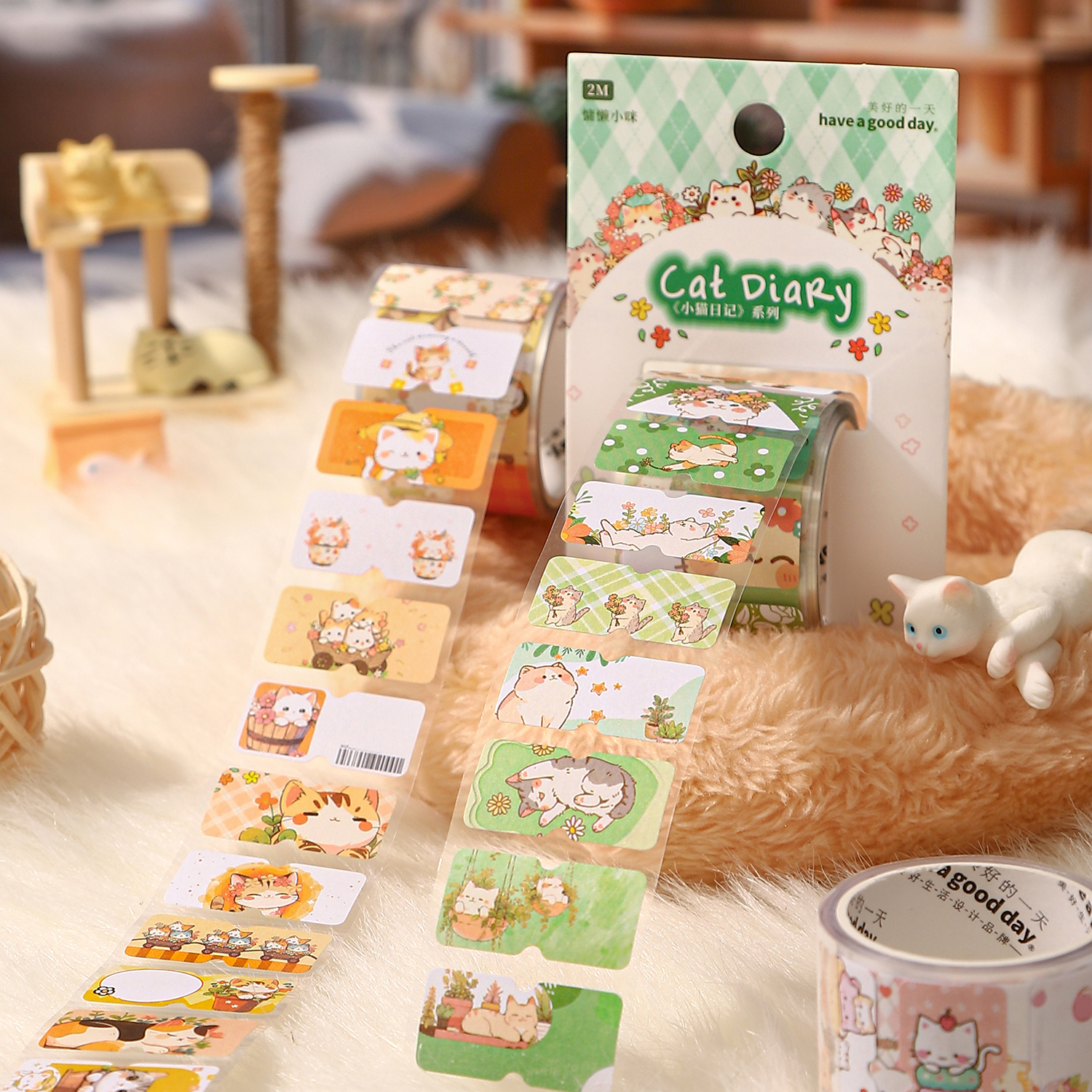 와시 테이프 - 30mm*200cm 고양이 다이어리 시리즈 귀여운 고양이 꽃 풍경 라벨 폐기물