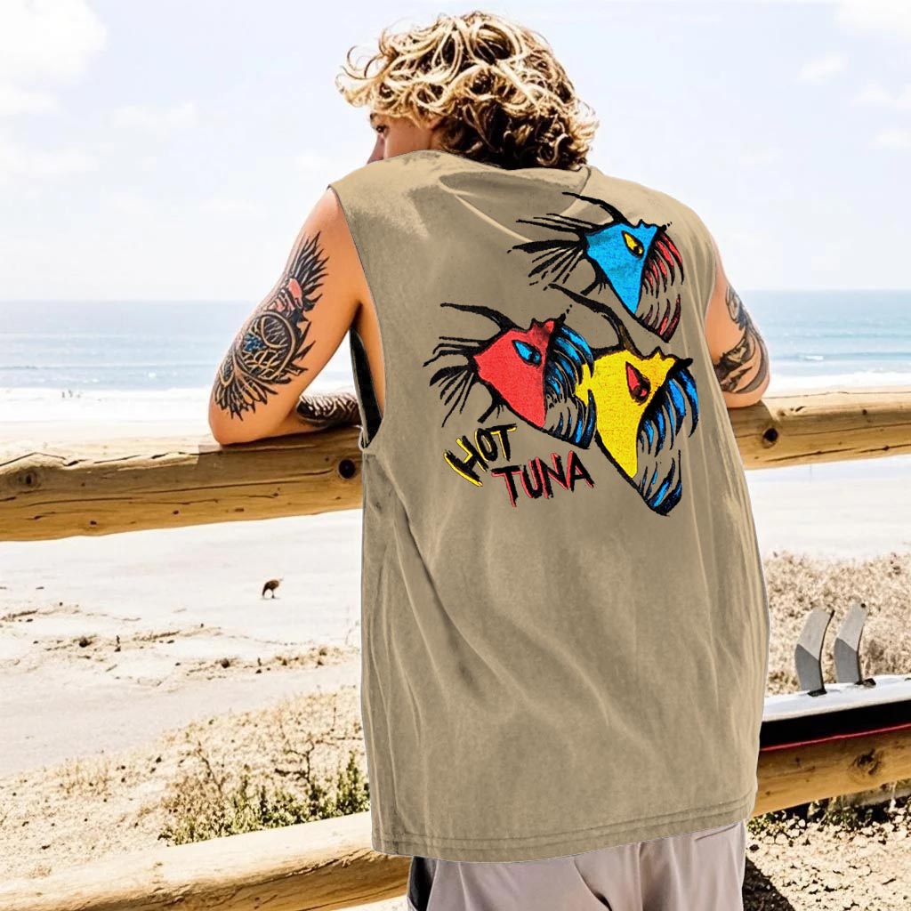 Men's Vintage Hot Fish Surf Print Crew Neck Sleeveless Tank Top / TECHWEAR CLUB / Techwear