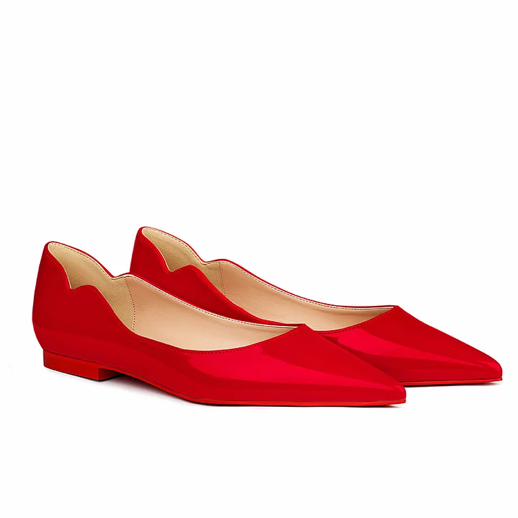 Women's Red Bottom Flat Shoes Pointed Toe Solid Color Patent Leather V-shaped Notches Shoes VOCOSI VOCOSI