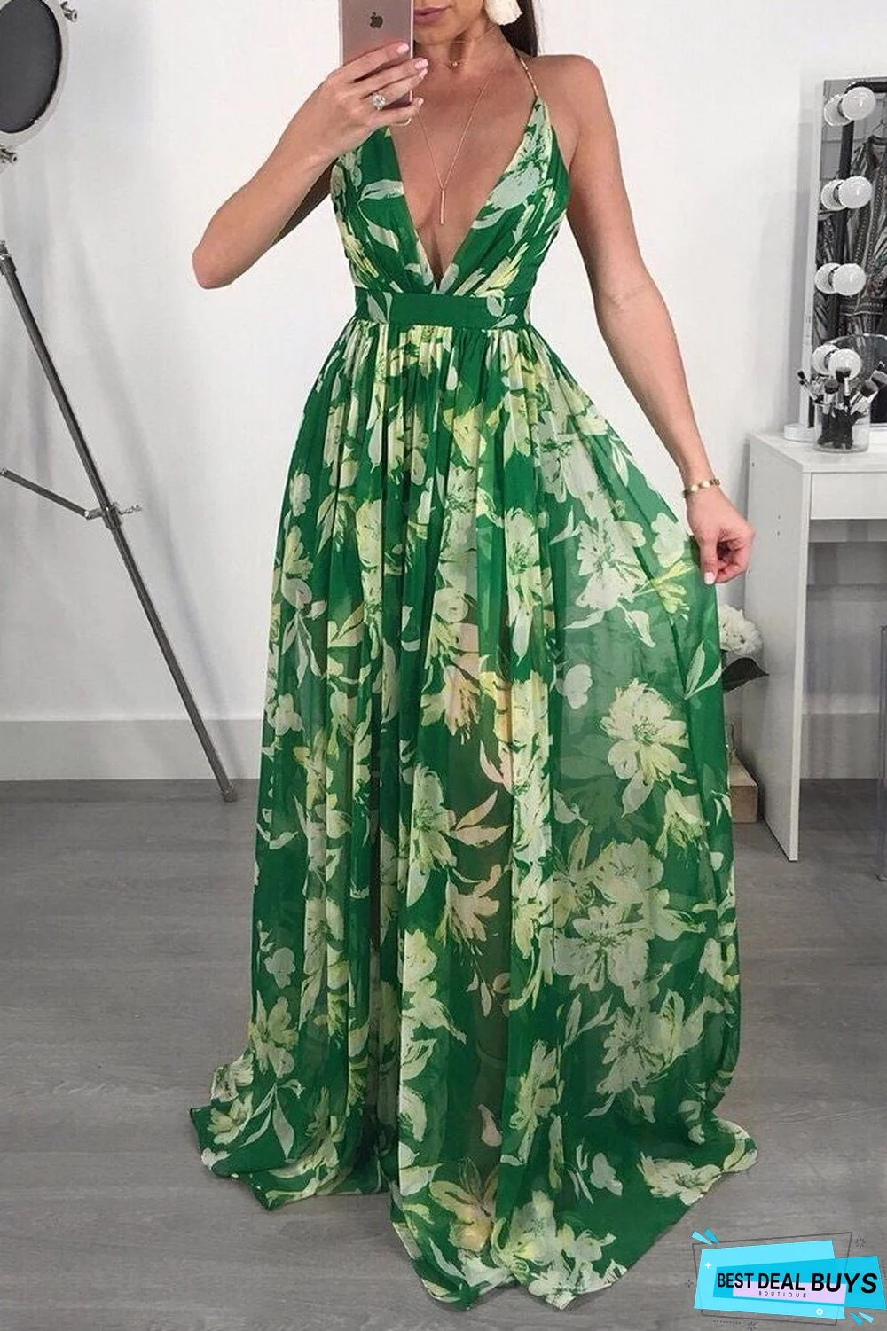 Popular European and American Deep V-Neck Open Back Chiffon Dress