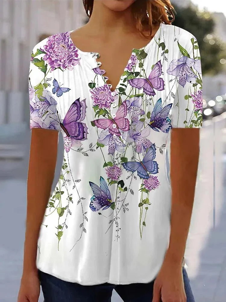 Women Short Sleeve V-neck Butterfly Floral Printed Buttons Tops