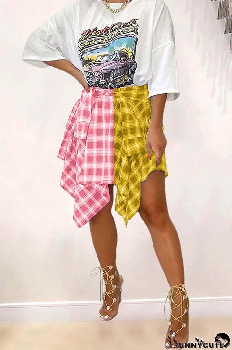 Pink Yellow Casual Street Plaid Print Patchwork Asymmetrical High Waist Type A Full Print Bottoms