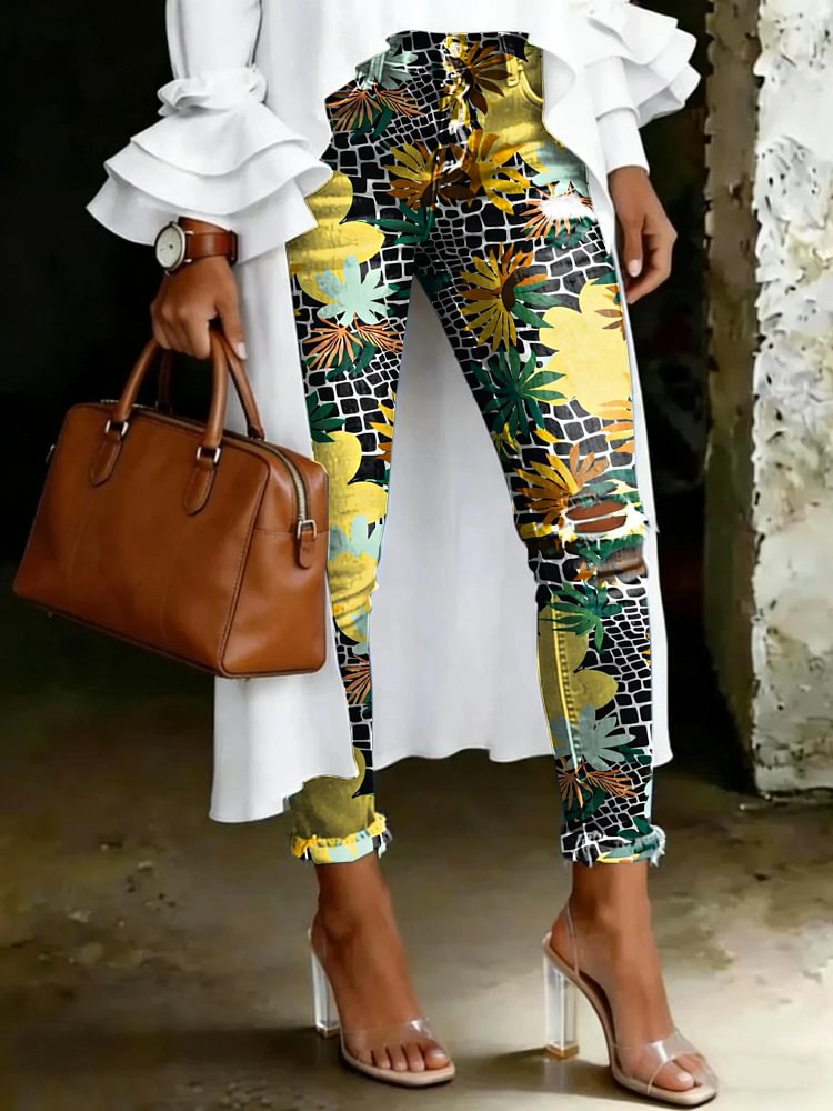Women's Vintage Multicolor Floral Totem Print Casual High-waisted Ripped Skinny Jeans
