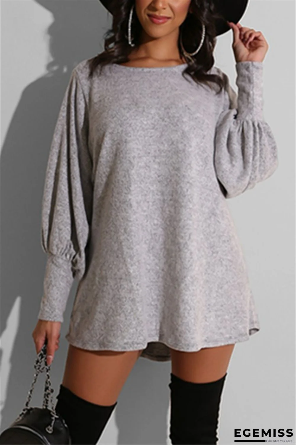 Grey adult Sexy Fashion lantern sleeve Long Sleeves O neck Pencil Dress Mini Solid Patchwork | EGEMISS