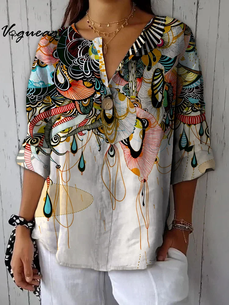 Fashion Art Creative Plants Printed Cotton And Linen Shirt