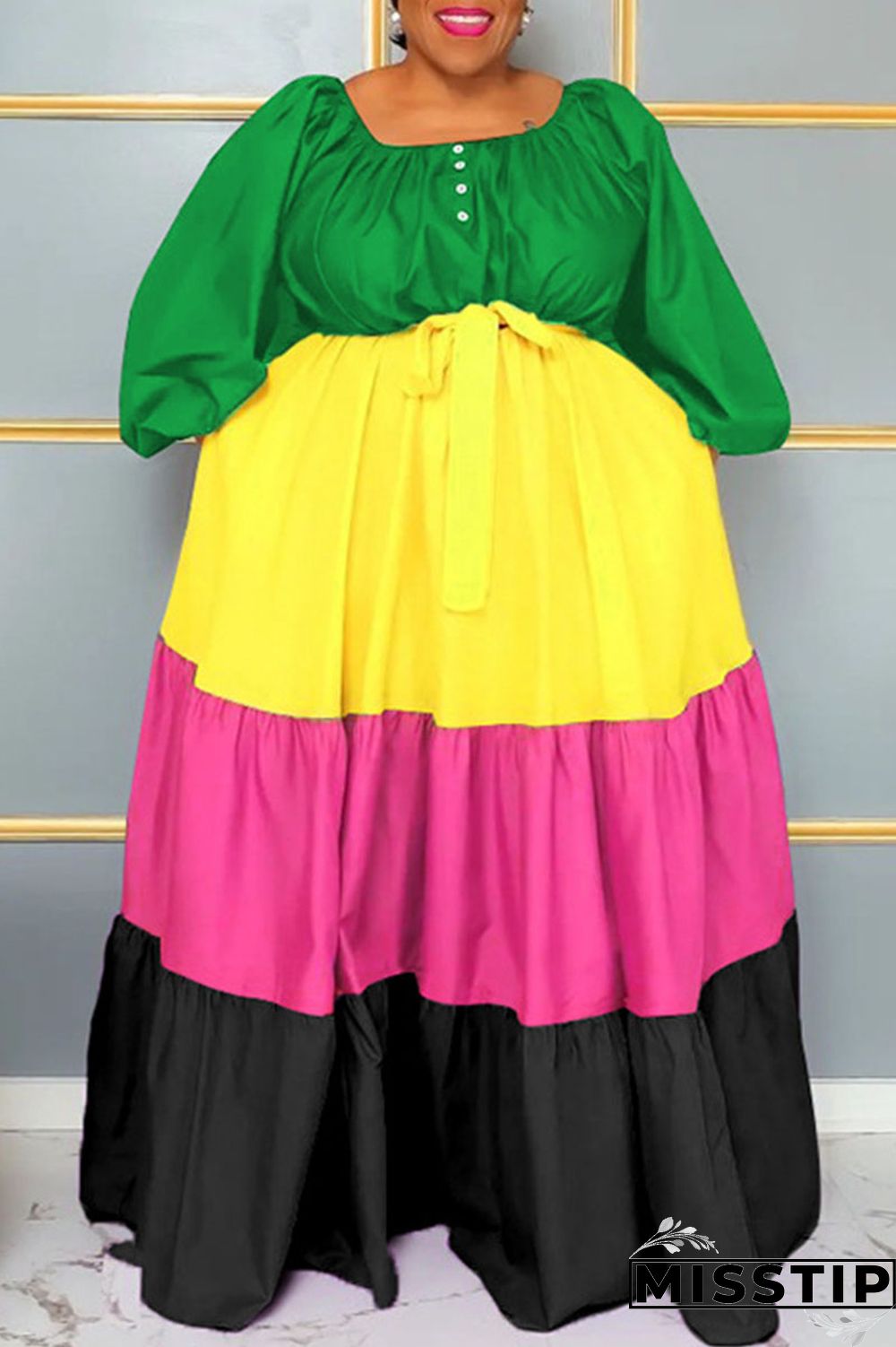 Green Casual Solid Patchwork Square Collar A Line Plus Size Dresses