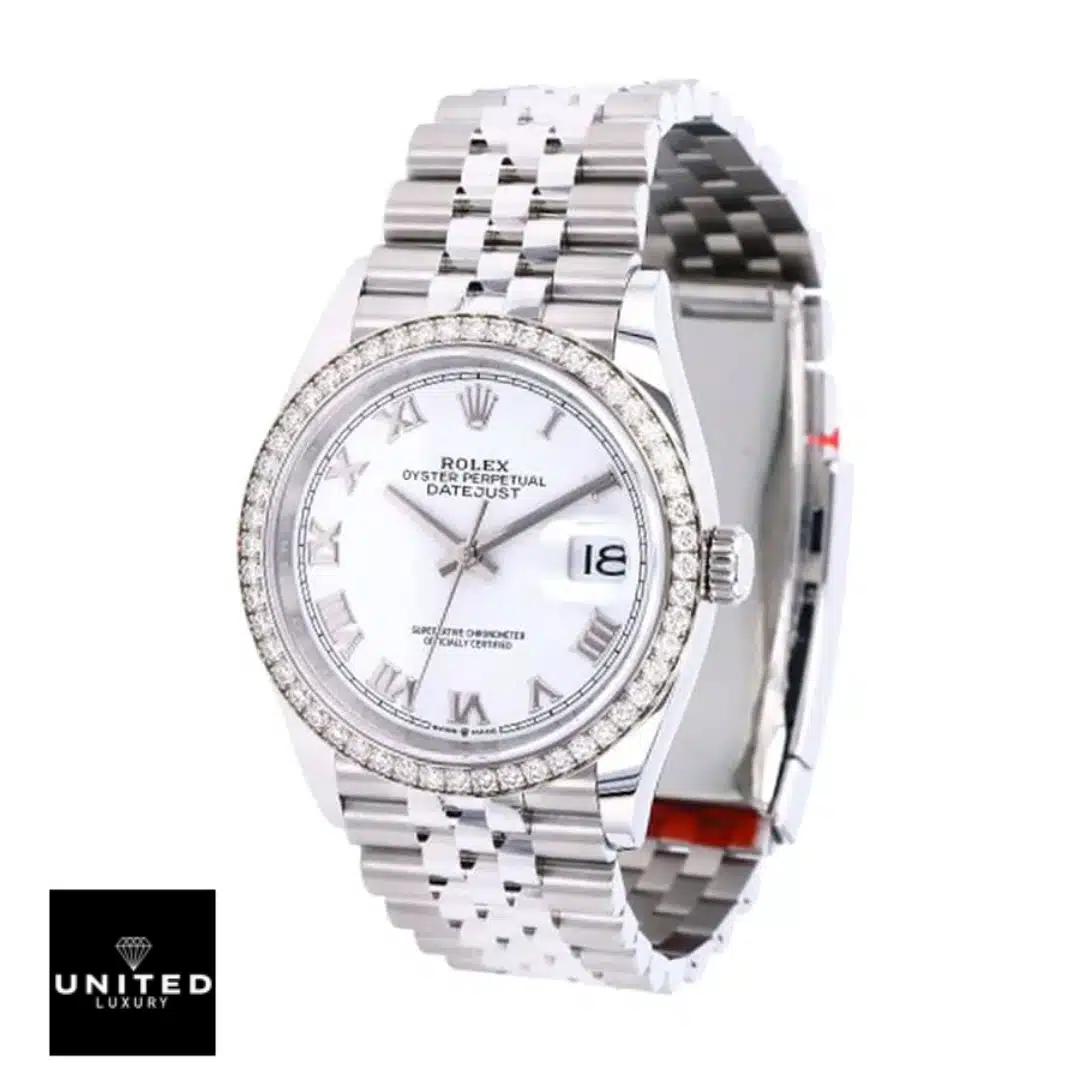 Rolex datejust with white background standing on its side