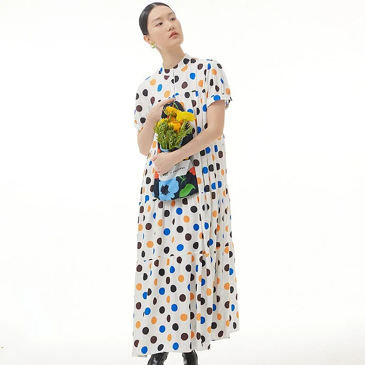 Fashion Loose Half Stand Collar Multicolor Dots Short Sleeve Dress
