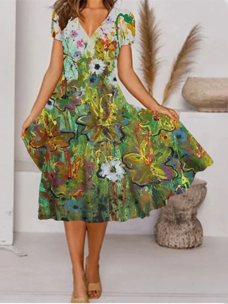 Women's Summer Short Sleeve V-neck Gradient Floral Print Fashion Loose Dress