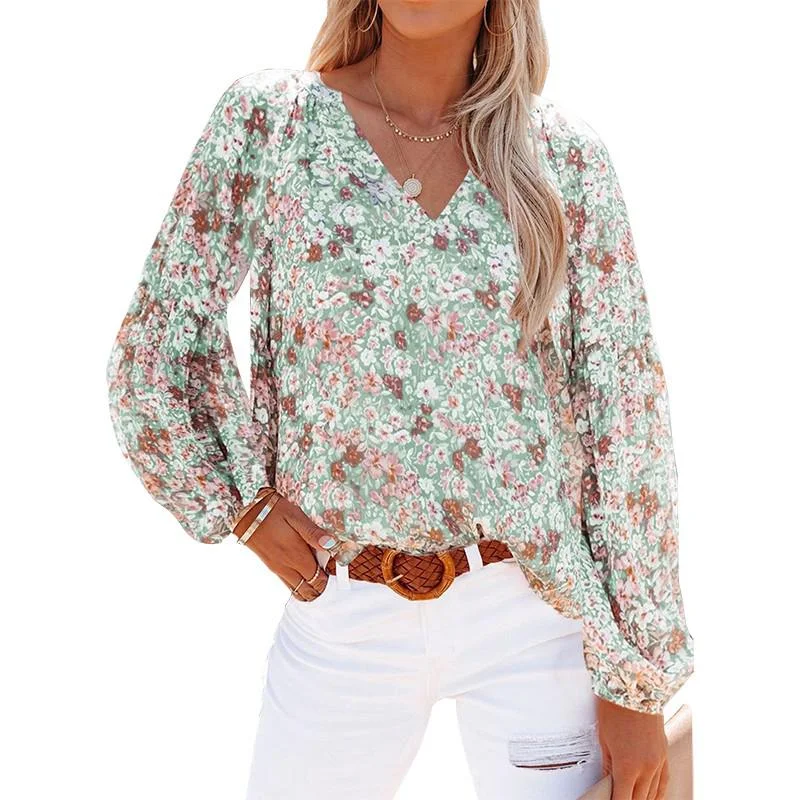 Floral Print Blouses For Women Fashion V Neck Long Sleeve Loose Elegant Office Lady Shirts Tops Casual Oversized Chiffon Blouse