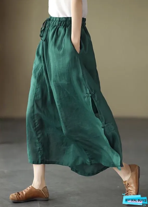 Women Blue Cinched Pockets Chinese Button Patchwork Cotton Skirts Summer