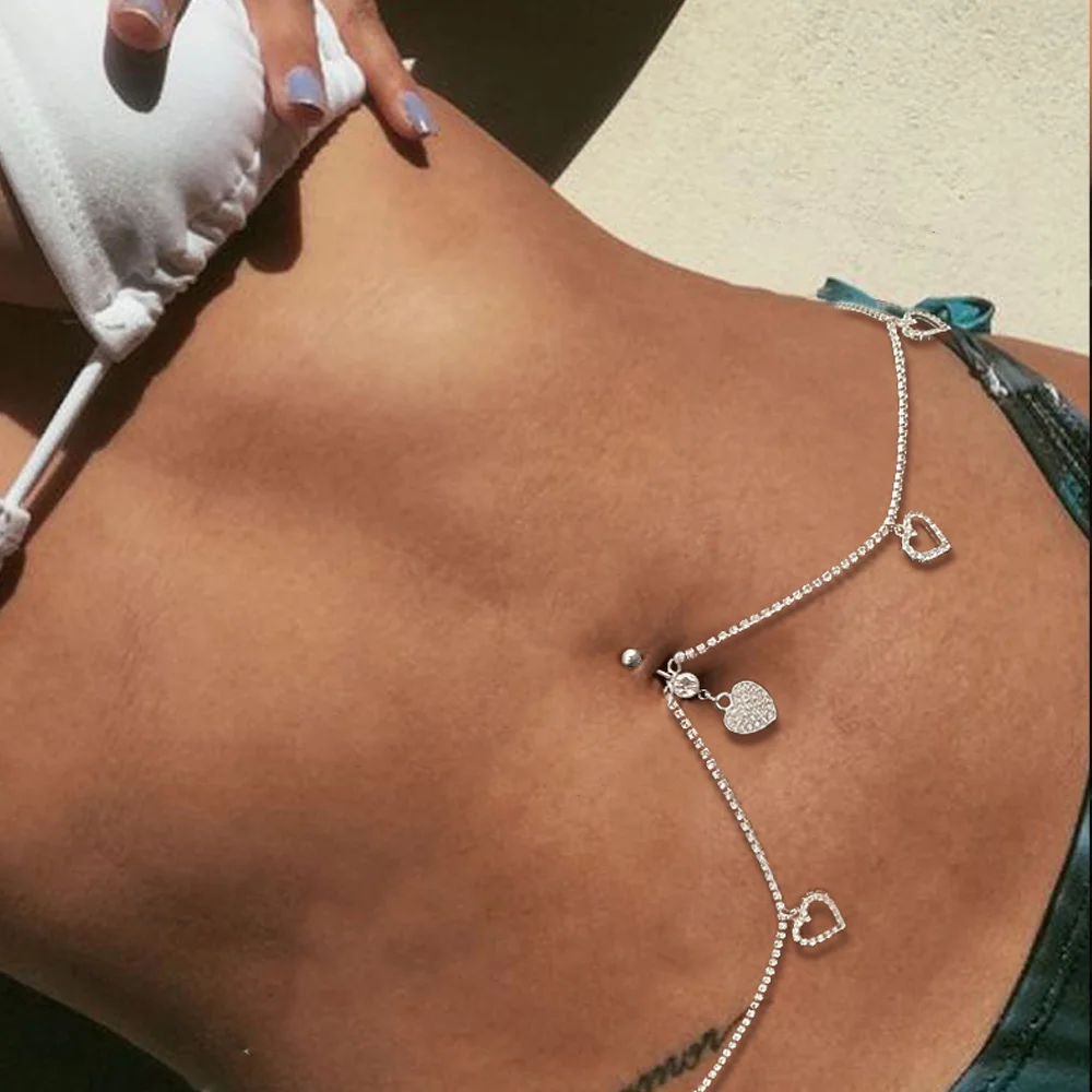 Rhinestone Heart Belly Button Sexy Waist Chain Women Jewelry-VESSFUL