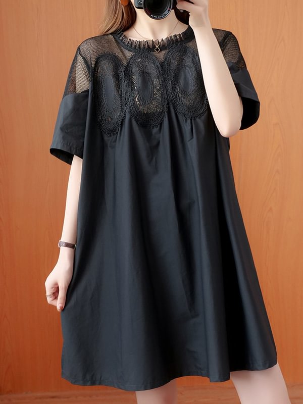 Original Solid Lace Split-Side Short Sleeve A-Line Mini Dress
