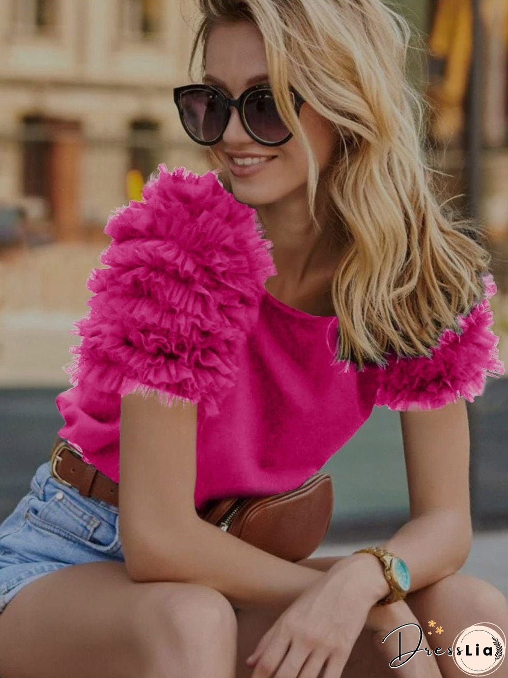Mesh Rose Ruffled Tee with Short Sleeves