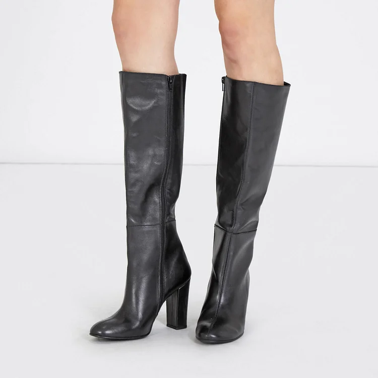 Black Chunky Heel Closed Toe Below The Knee Dress Boots for Women |FSJ Shoes
