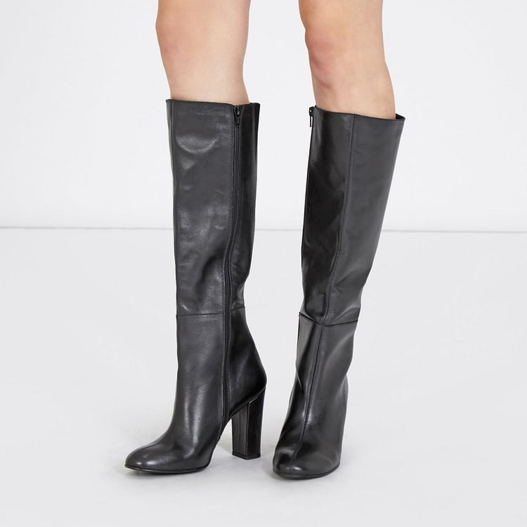 Black Chunky Heel Boots Mid Calf Long Boots |FSJ Shoes
