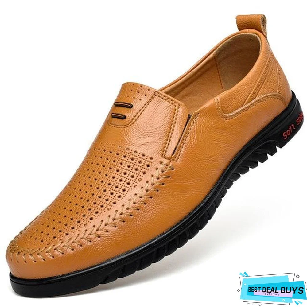 New Openwork Men Black Loafer Perforated Shoes Leather Flats Driving Shoes Business Men's Shoes