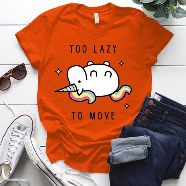 Unicorn Too Lazy To Move Print T-shrits For Women Summer Short Sleeve Round Neck Cute Loose T-shirt Creative Personalized Tops
