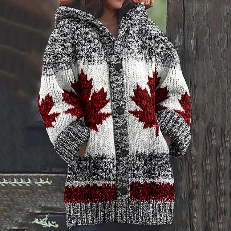 Women's Canadian Maple Leaf Button Down Cozy Knit Jacquard Sweater