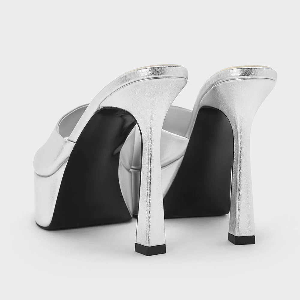 Women's Metallic Silver Square Toe Wide Strap High Heeled Mules