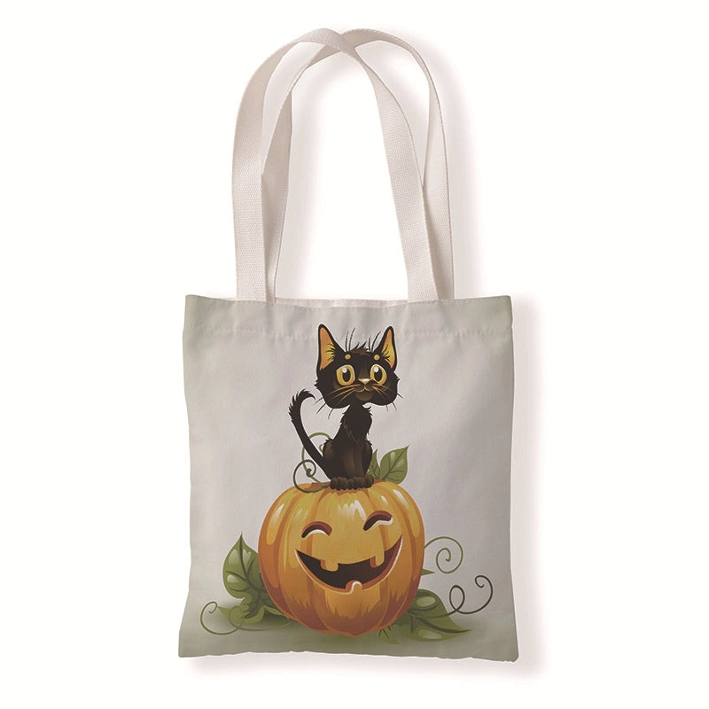 Halloween Women's Medium Canvas Pumpkin Cat Streetwear Square Open Canvas Bag