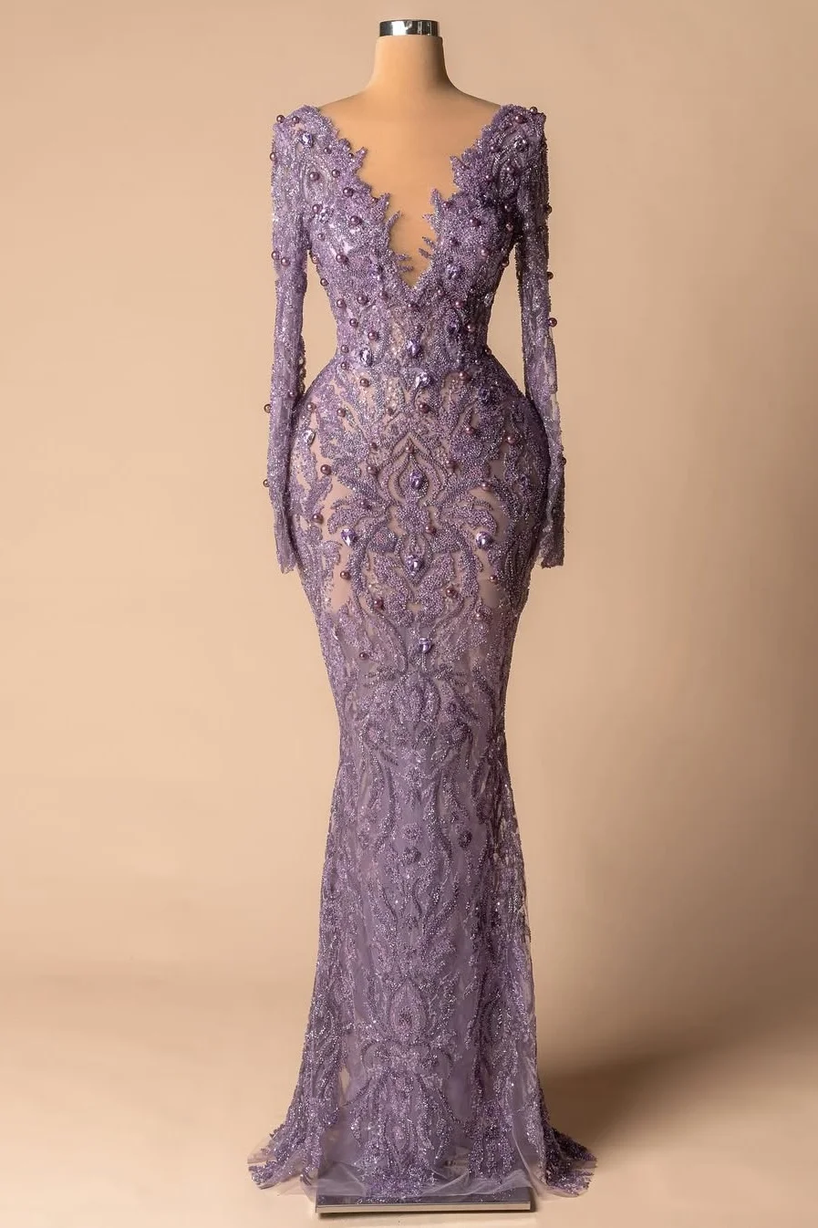 Daisda Long Sleeves Deep V-Neck Mermaid Beads Prom Dress With Pearls