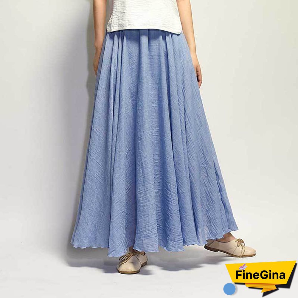 Women Linen Cotton Long Skirts Elastic Waist Pleated Maxi Skirts Beach Boho Vintage Summer Skirts Faldas Saia