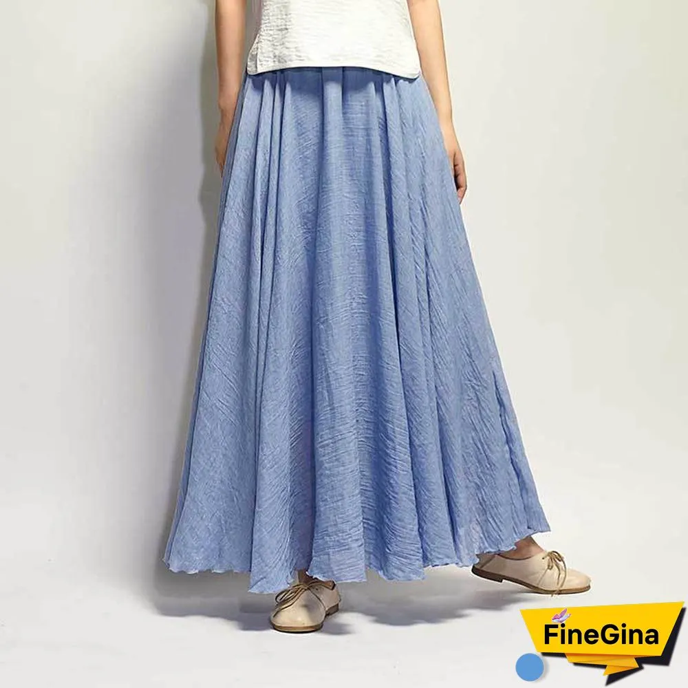 Women Linen Cotton Long Skirts Elastic Waist Pleated Maxi Skirts Beach Boho Vintage Summer Skirts Faldas Saia
