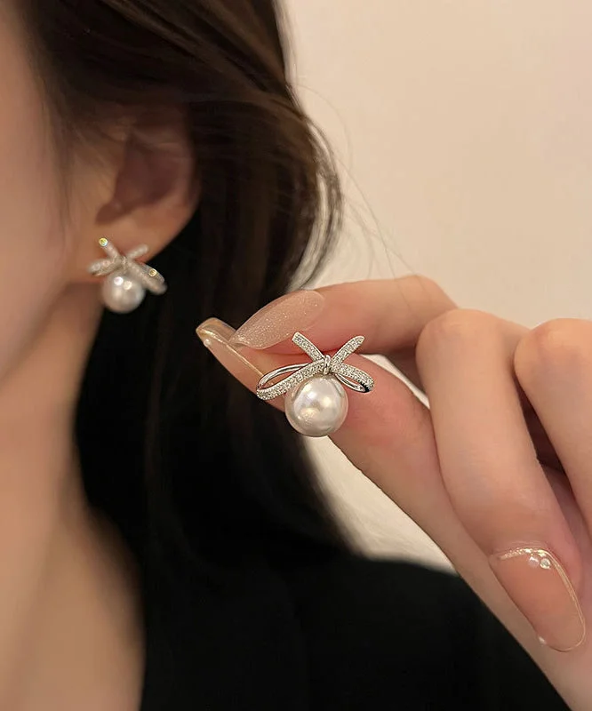 Chic White Sterling Silver Pearl Bow Stud Earrings