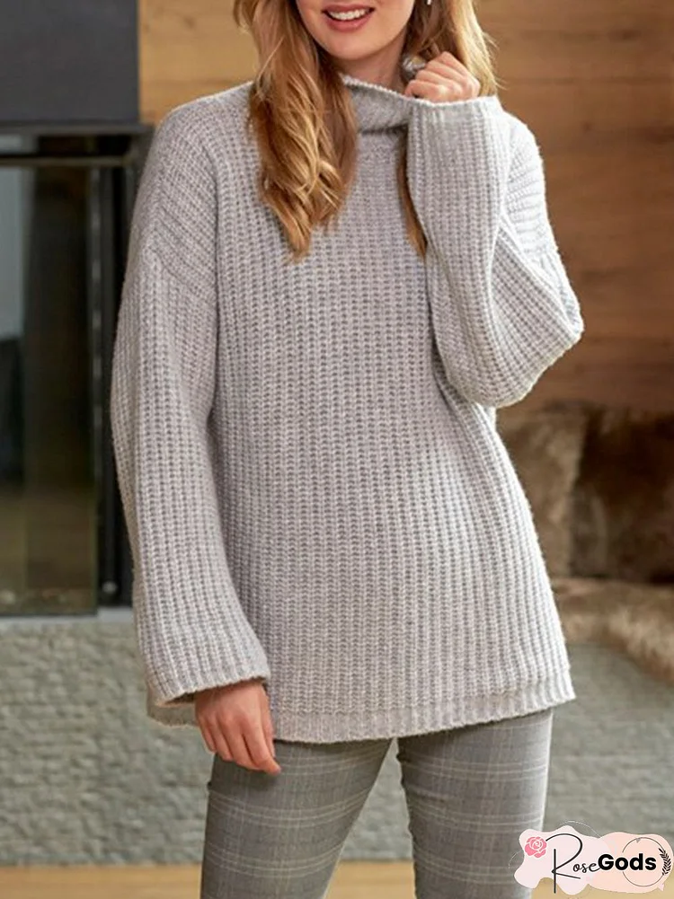 Grey Knitted Turtleneck Long Sleeve Plus Size Sweater