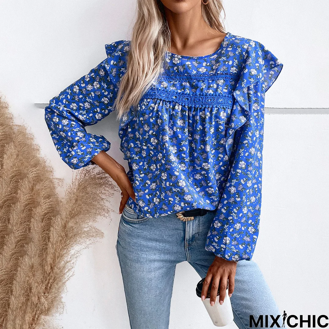 Long Sleeve Boho Floral-Print Casual Top