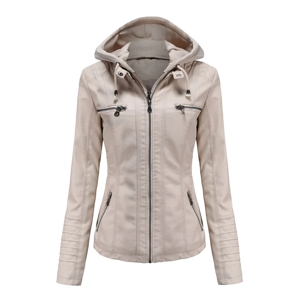 Autumn Winter Pu Faux Leather Jacket Black Women Street Moto Biker Leather Coat Hooded Jacket Lady Oversize Casual Outerwear