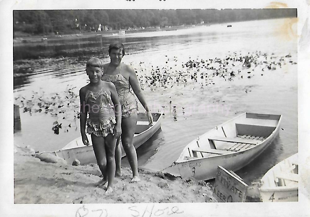 Vintage FOUND Photo Poster painting bw A DAY AT THE BEACH Original Snapshot MID CENTURY 19 18 X